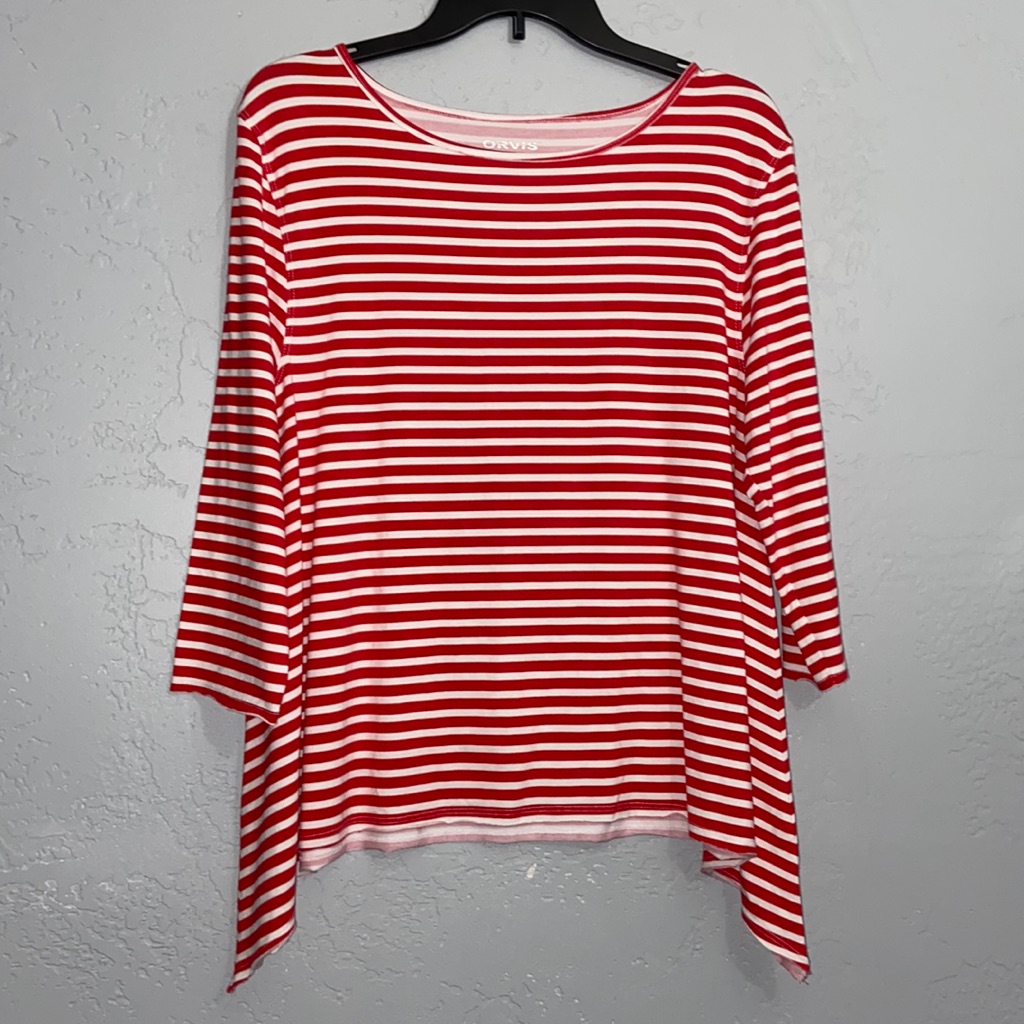 Orvis Shark Bite Raw Hem 3/4 Slv Viscose Elastane Striped Oversized Shirt Top Sm